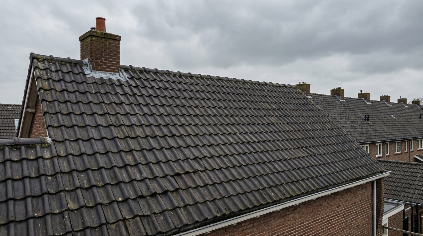 Nederlands pannendak van een rijtjeshuis onder een grijze lucht.