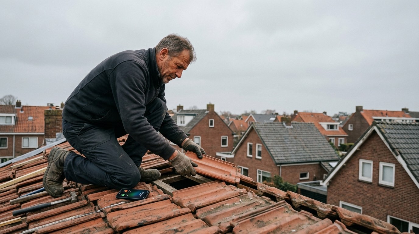 Dakdekker aan het werk op een pannendak, terwijl zijn telefoon naast hem op de dakpannen ligt te gaan.